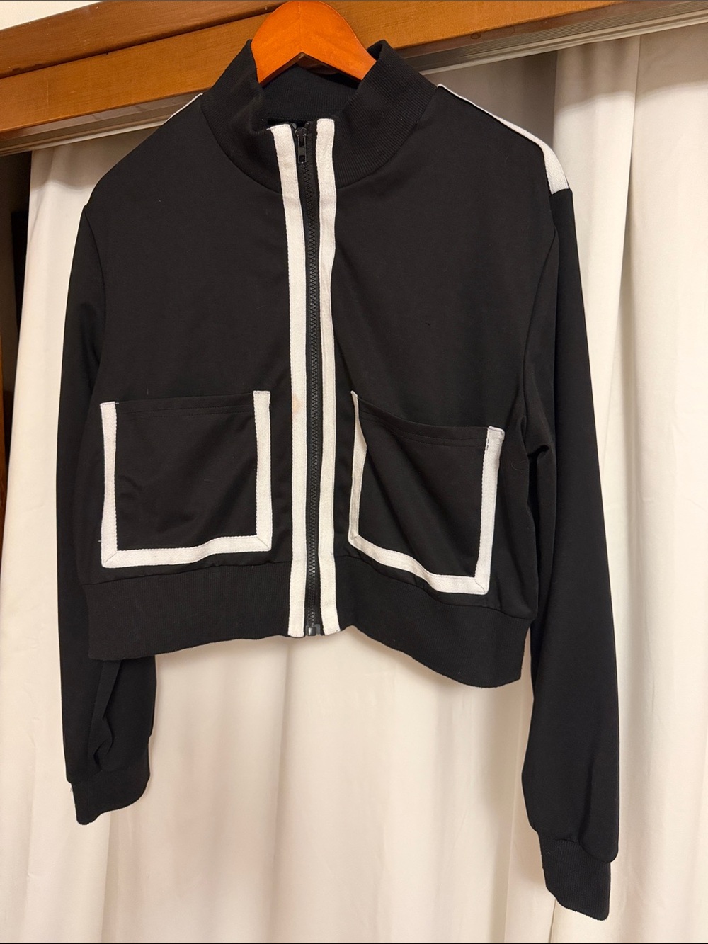 Black Cropped Zip-Front Jacket with White Trim